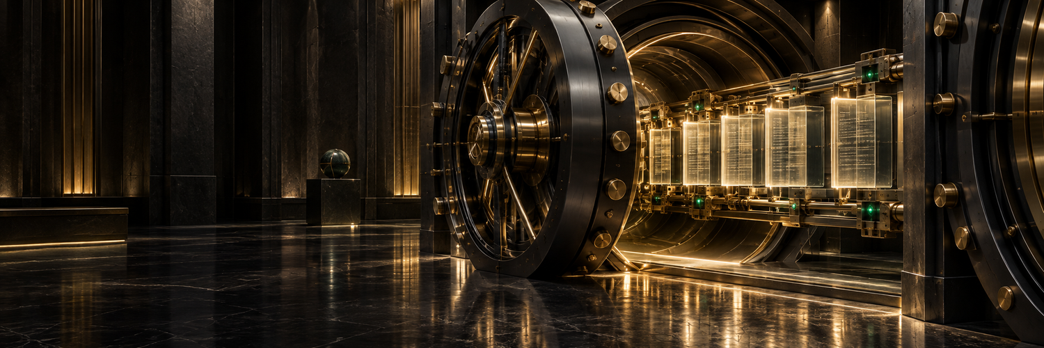Institutional black-gold vault carrying transparent ledger records